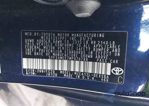 2021 Toyota Corolla Se from USA, damaged, VIN 5YFS4MCE7MP076788